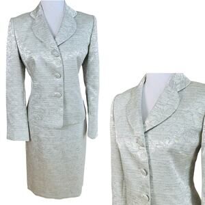 Kasper 6P Skirt Suit w/Blazer Jacket Shimmery Floral Brocade Jacquard  Silver